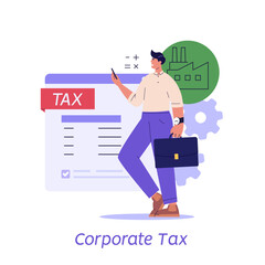 Corporate Tax. Man pay taxes with calculator. Financial administration service. Set of financial management, debt, duty, audit and accounting. Vector illustration for UI, banner