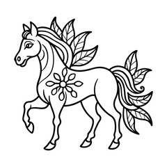 Whimsical Floral Horse Line Art – Black & White Folk-Inspired Fantasy Illustration
