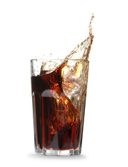 Cola splashing out of glass isolated on white