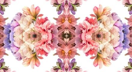 Kaleidoscope style watercolor floral pattern in pink and peach tones isolated on white background, perfect for textile design, fashion prints, invitation backgrounds, and artistic decor