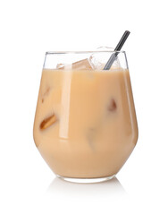 Tasty iced coffee in glass isolated on white