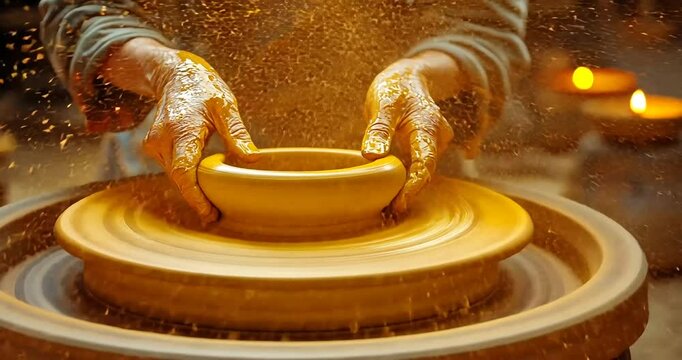 Artisan shaping a vibrant yellow clay bowl on a pottery wheel in a cozy workshop