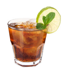 Refreshing Cuba libre cocktail with mint isolated on white