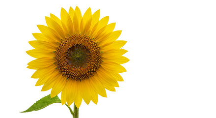 Obraz premium Realistic yellow sunflower with curved stem and leafy detail isolated on white background, perfect for natural design visuals, summer season graphics, and floral poster templates