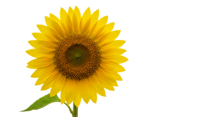 Realistic yellow sunflower with curved stem and leafy detail isolated on white background, perfect for natural design visuals, summer season graphics, and floral poster templates