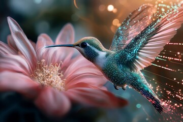 Obraz premium Vibrant hummingbird feeding on blossom in magical atmosphere