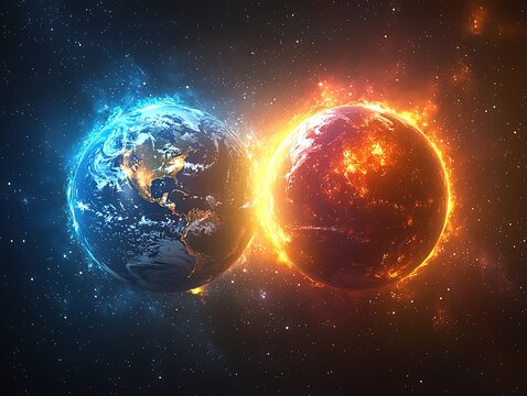 Two planets, one engulfed in flames and the other in ice, colliding in space