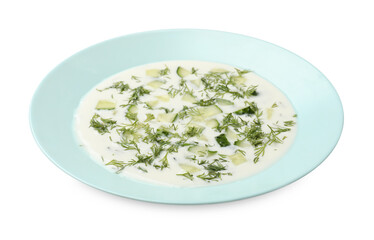 Tasty cucumber soup with dill isolated on white