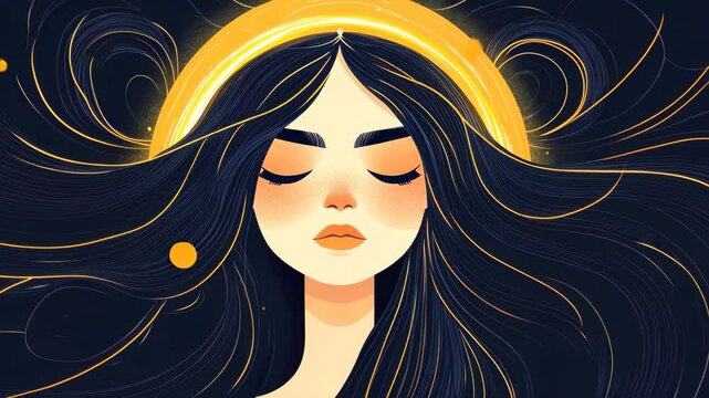 A mystical queen adorned with a golden crown and a glowing ring, her long hair dances in the wind, captivating all.