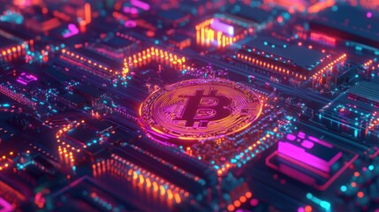 Digital cryptocurrency coin embedded in a circuit board, glowing with vibrant neon colors.  Detailed circuit patterns surround a golden coin with a prominent B symbol