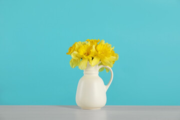 Beautiful daffodils in vase on grey table against turquoise background