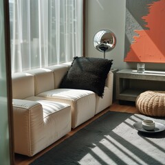 Generative AI, Modern studio apartment with velvet sofa and chrome lamp