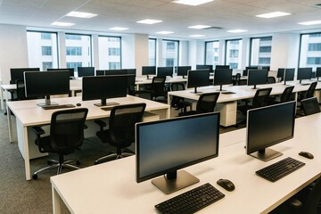 Fototapeta premium A modern open space office with rows of white desks, each equipped with computer monitors, keyboards, and black ergonomic chairs, in a bright room with large windows and natural light.
