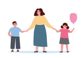 Mother holds children's hands. Happy family with daughter and son. Vector flat graphics.