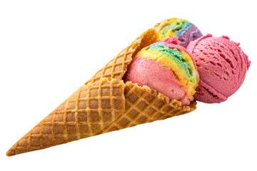 Delicious Rainbow and Strawberry Ice Cream Scoops in a Crispy Waffle Cone, A Colorful Summer Treat Ideal for Dessert Themed Designs