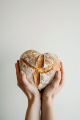Woman holding rustic round bread in hands, minimalist style