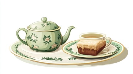 Fototapeta premium Elegant Teapot and Cup Set with Cake Perfect for Afternoon Tea Moments