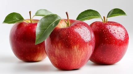 Three Red Apples with Green Leaves Fresh Juicy Fruit Healthy Food Delicious Vitamin Rich Organic Produce Natural Sweet Taste Dietary Fiber Antioxidant Nutrition Red Apple