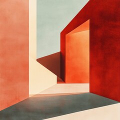 Abstract Geometric Building Structure Featuring Red Beige and Gray Walls with Sharp Shadows