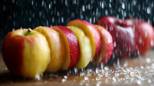 Juicy sliced apples arranged in a row, under a shower of water droplets, enhanced visual appeal of natural fresh food.