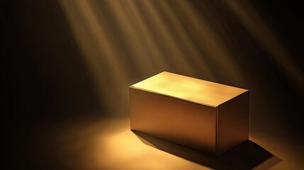 Illuminated golden rectangular box on a dark stage.