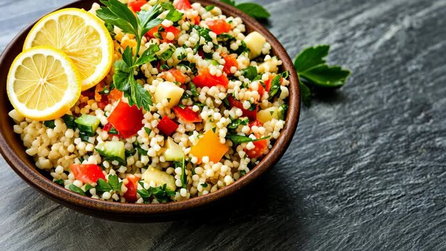 Tabbouleh Salad: A vibrant and fresh tabbouleh salad, bursting with colorful vegetables and zesty lemon, served in a rustic bowl atop a textured surface, evoking a sense of culinary delight.