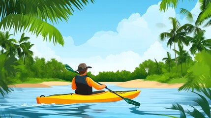 Fototapeta premium Kayaking Adventure in a Tropical Paradise with Lush Greenery and Calm Waters