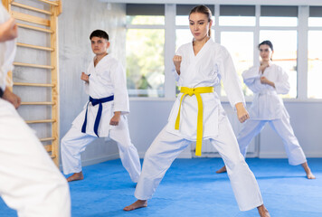 Sportive female practitioner of karate courses performing fighting positions during training session