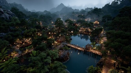 Lush valley village at twilight