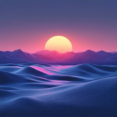 Pixel Art Seascape at Sunset with Rolling Dunes and Vibrant Pink Sky in Retro Style Digital Render