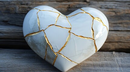 Elegant Broken White Heart Gold Crackle Kintsugi Art Ceramic Sculpture Romantic Decoration Modern Design Home Decor Beautiful Antique Style  Unique Gift Valentines Day   