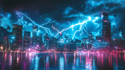 lightning neonlit cityscape