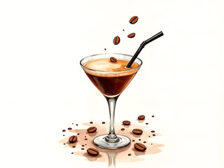 Espresso martini cocktail in glass with coffee beans and straw, minimal style. Generative AI