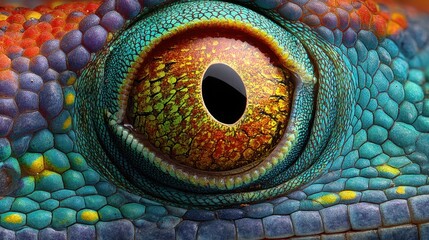 Obraz premium Chameleon Eye Close-Up: Vivid Colors and Intricate Detail
