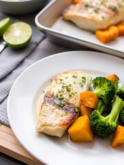 Baked fish with roasted pumpkin and broccoli.
