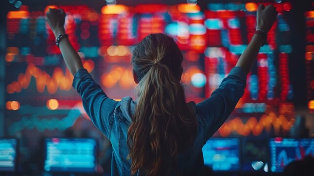 Digital marketing team celebrating their success after achieving a major milestone in their campaign with data displayed on large screens