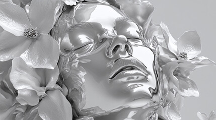 Woman and Flower Sculpture in Monochrome