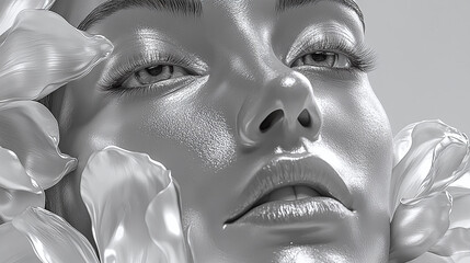 Woman and Flower Sculpture in Monochrome