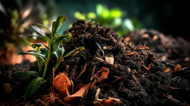 Small sprout growing from a pile of rich dark soil, with decaying foliage and blurred green plant backdrop