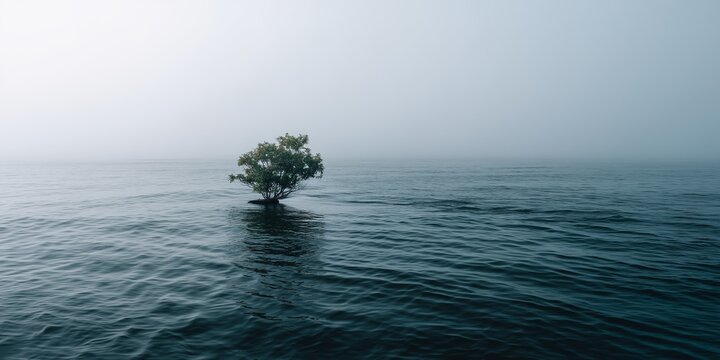 Einsamer Baum ragt aus nebligem Wasser heraus