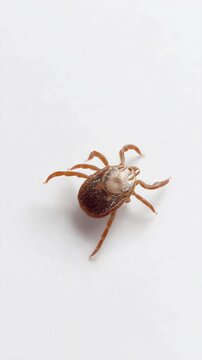 Close up of a parasitic brown tick with eight legs on a white background in studio macro shot for disease concept
