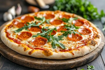 Delicious Pepperoni Pizza with arugula