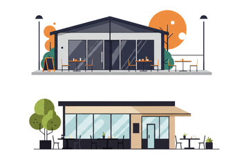Fototapeta premium Stylized minimalist graphic of two restaurant buildings with outdoor seatings design