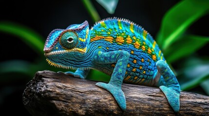 Naklejka premium Vibrant Chameleon Perched on Branch with Colorful Skin and Unique Eye