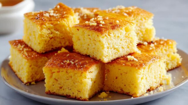 Pile of golden yellow cornbread squares on a gray plate, baked goods with a shiny glaze and crumbs for a delectable treat.