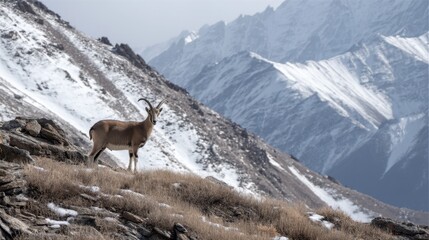 Ibex on a Snowy Mountain Peak