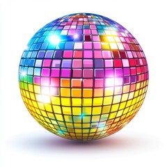 Reflective Disco Ball with Multi Colored Square Tiles and Sparkle Effects on White Background