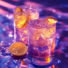 Two Elegant Highball Glasses Filled with Bubbly Beverages Garnished with Lemon Slices on a Reflective Surface Under Purple Light