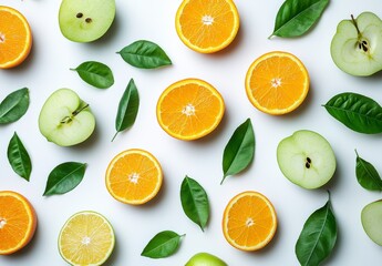 Vibrant Fruit Pattern of Sliced Oranges and Green Apples with Leaves on White Background Still Life Freshness and Nutrition Displayed