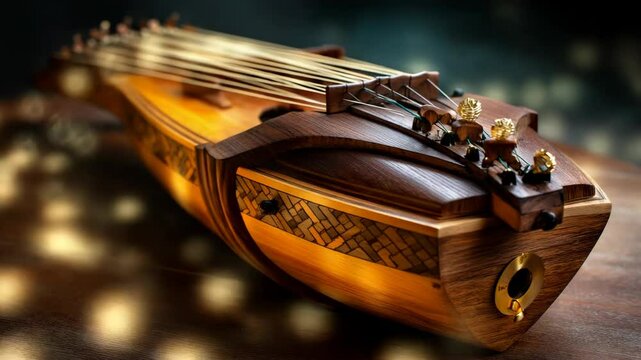 Detailed shot of a beautifully crafted wooden zither with intricate details, golden tuning pegs, and complex inlay on a dark surface.